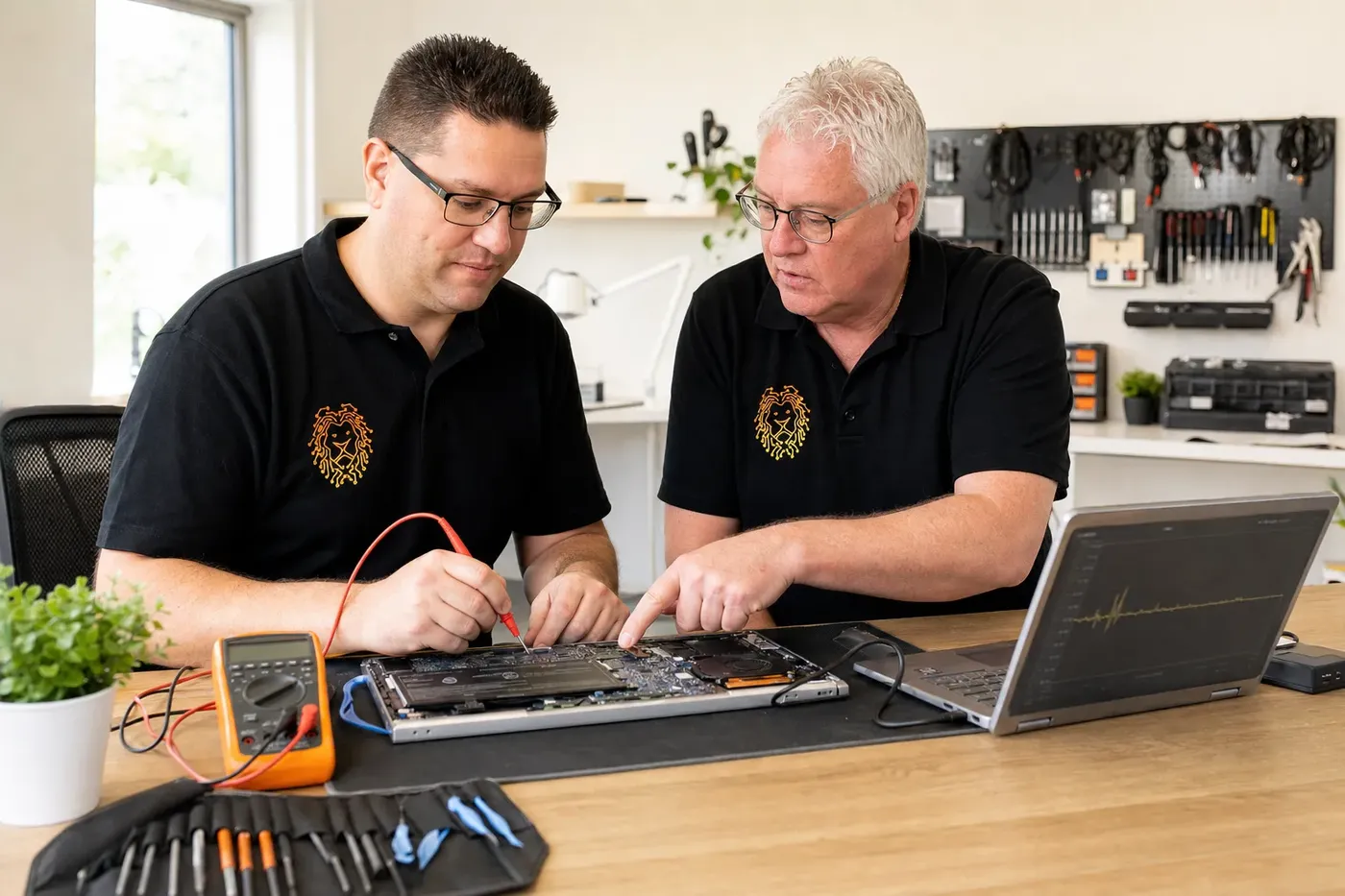 Twee collega's onderzoeken een geopende laptop aan de werkbank in Hoevelaken